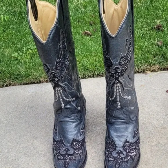 Corral Eagle Rhinestone and Stud Cut-Out leather Black/ Silver Cowgirl size 9.5 - Picture 13 of 14
